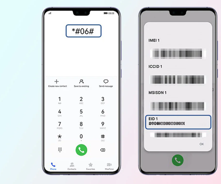 Ejemplo de número EID en pantalla de teléfono